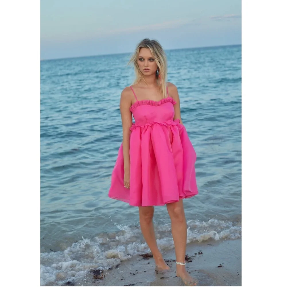 Free People SELKIE The Cali Rosebud Puff Ruffles babydoll Mini Dress Neon Pink S - Picture 1 of 7